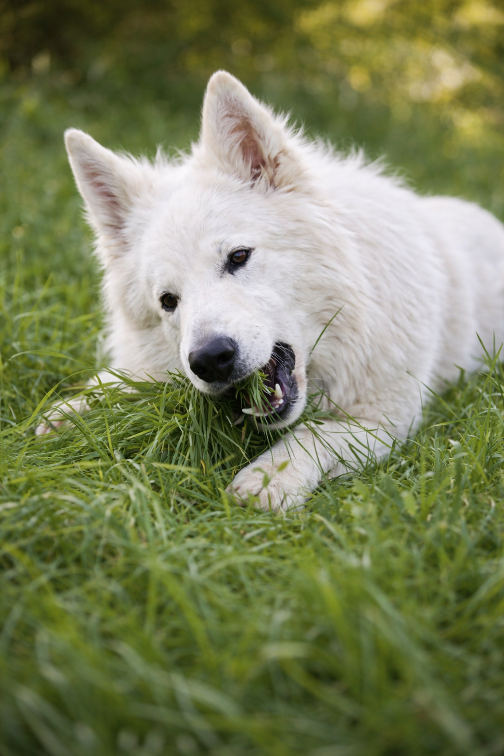 Chien en train de manger de l’herbe dans un jardin