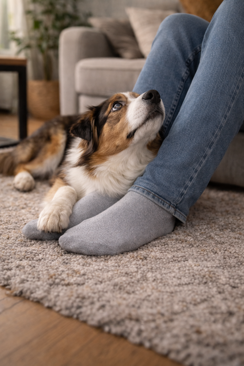 Chien qui suit son humain dans la maison