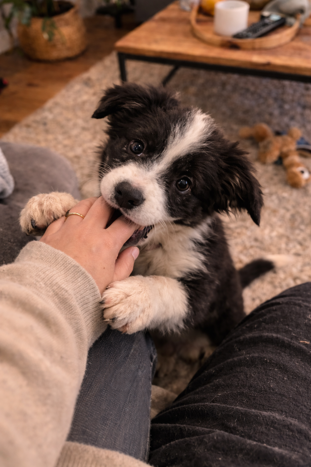 Chiot qui mordille une main en jouant